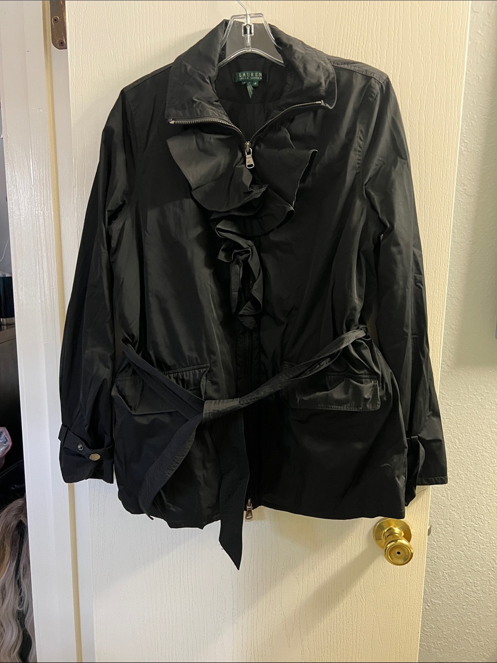 Ralph Lauren Black Ruffle-Front Belted Trench Jacket